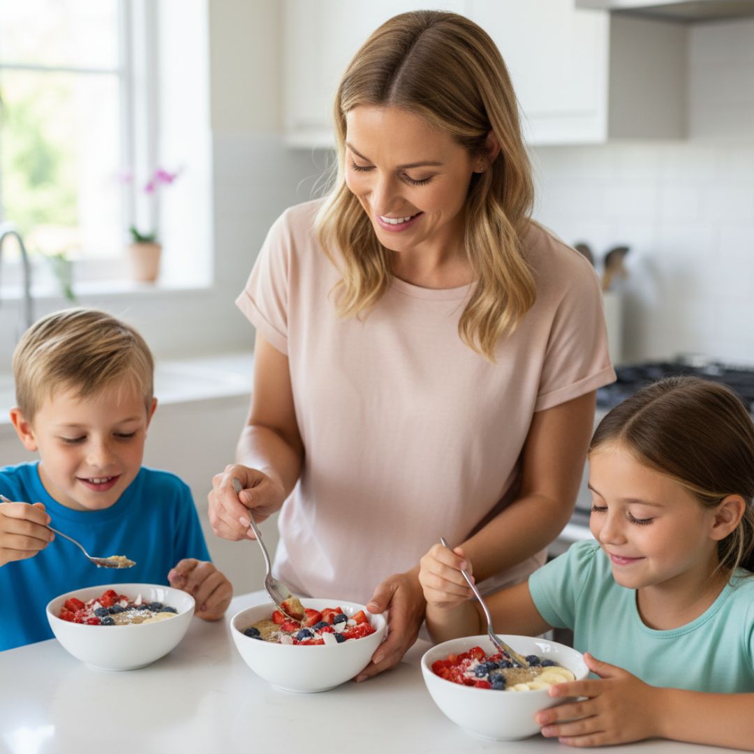 Mama s deťmi pri raňajkách